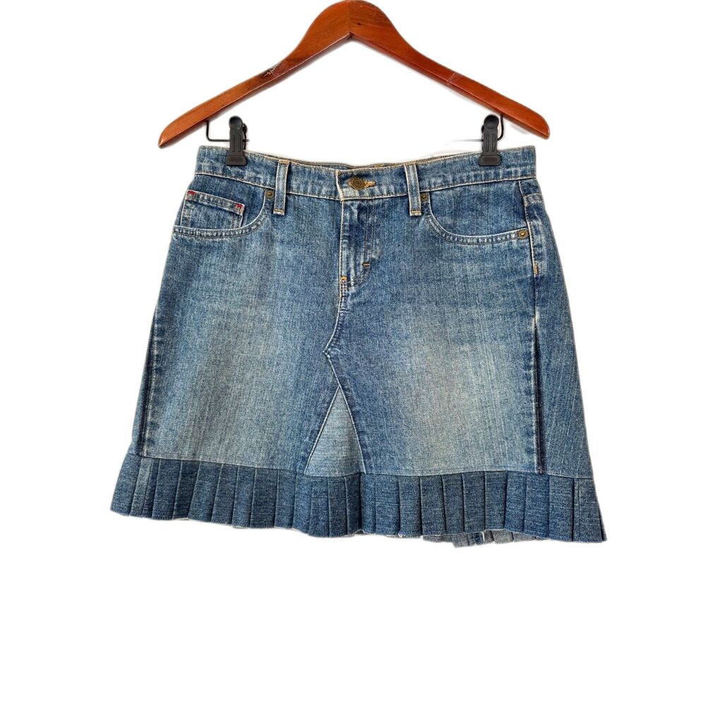 Vintage Y2K Tommy Jeans Denim Mini Skirt Blue Pleated Flare Hem 5 Pocket